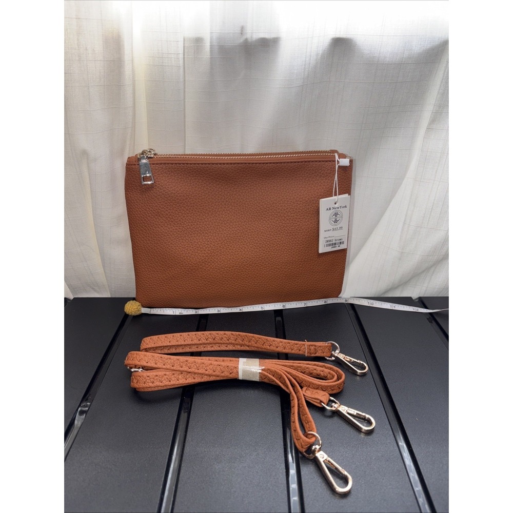 NWT AR New York Brown Vegan‎ Leather Wristlet Purse w/Crossbody Strap-3 Pockets